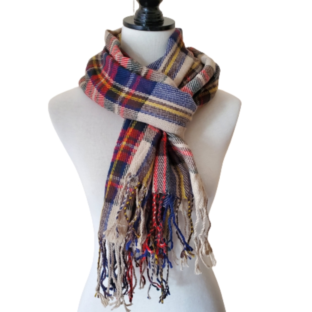Women's large tan plaid tartan scarf with long fringe NWT